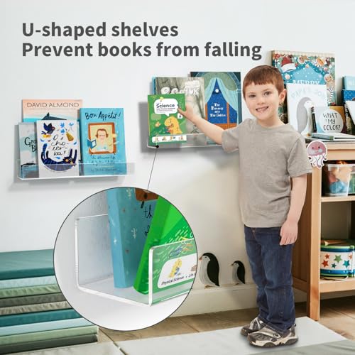 NIUBEE 16.5-Inch Acrylic Floating Bookshelves, 2-Pack, Clear Modern Wall Shelves for Child/Toddler， Invisible Ledge Book Shelves for Nursery/Kids Room/Playroom/Small Spaces. - size: 16.5inches