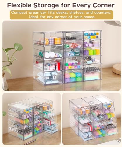 VZKAH Clear Acrylic Organizer with Drawers | 15-Drawer Desktop Unit | Makeup & Desk Organization and Storage Box for Office, Craft, Vanity Table, Bathroom, Home Essentials - style: 15 drawers / 3 set