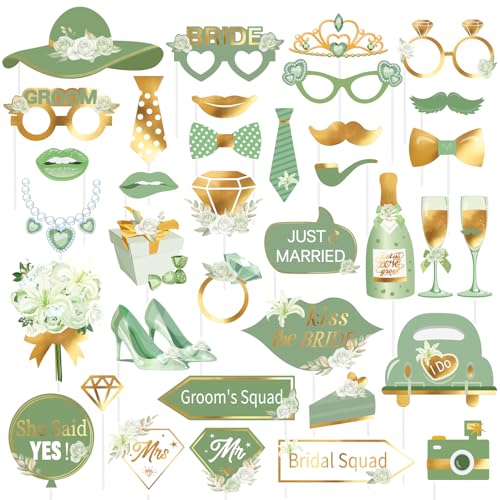 SUNBEAUTY 38 PCS Sage Green Wedding Photo Booth Props,Bridal Shower Photo Props, Engagement Party Decorations, Wedding Decorations for Ceremony Outside, Wedding Party Supplies for Girls - color: Sage Green Wedding