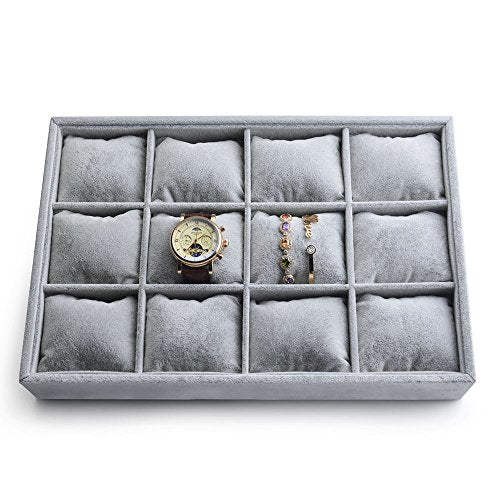 Oirlv Premium Velvet 12 Grid Jewelry Organizer Tray with Removable Pillow Watch Organizer Jewelry Tray Bracelet Bangle Watch Display Holder - size: 12 Grid Tray with Pillow