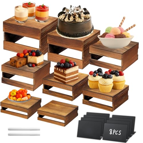 8PCS Wooden Buffet Risers and Stands with Reusable Table Signs, stackable Cube Rustic Wood Food Risers for Buffet Display, Cupcake Holder, Cupcake Stand, Dessert Table Display Set, 8PCS