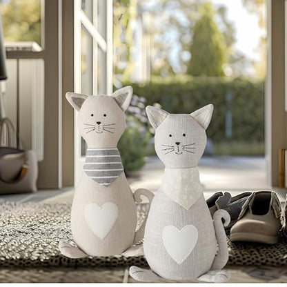 Cat Door Stops, Set of 2, Grey and White Woven Fabric, Black Embroidery Cotton, Linen, Polyester, & Filling, Weighted Prop, 12.5 Inches, 2.75 lbs. (Not a Toy) - color: Cats, Grey and White