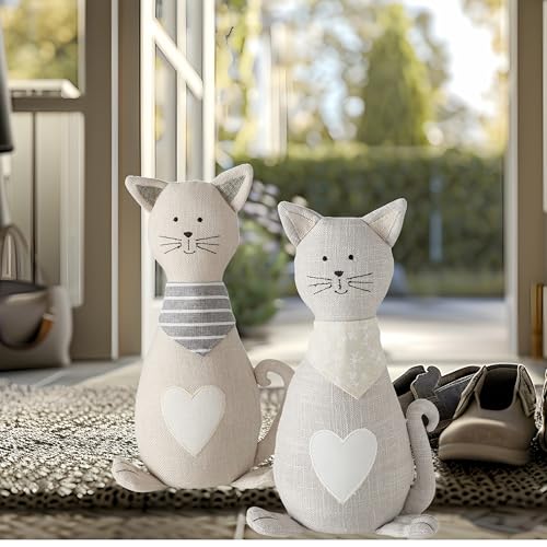 Cat Door Stops, Set of 2, Grey and White Woven Fabric, Black Embroidery Cotton, Linen, Polyester, & Filling, Weighted Prop, 12.5 Inches, 2.75 lbs. (Not a Toy) - color: Cats, Grey and White