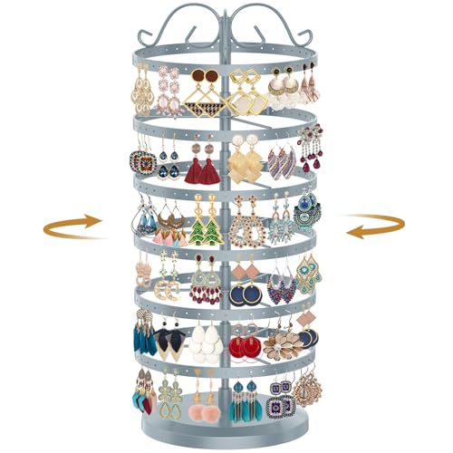 MODOWEY Rotating Earring Holder Organizer Stand, 6 Tier Large Capacity Jewelry Display Tree for Women Vendors, 264 Holes Adjustable Metal Rack for Stud Hoop Dangle Storage, Spin for Easy Access, Grey - color: Light Grey, size: 6-Tier
