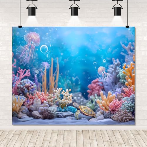 10x8ft Under The Sea Backdrop Ocean Theme Party Decorations Banner Mermaid Coral Jellyfish Underwater World Photography Background for Grils Baby Shower Birthday Photo Booth Prop - color: Pink Blue, size: 10x8ft
