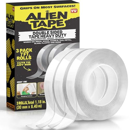 ALIEN TAPE Nano Double Sided Tape, 21-ft Multipurpose Removable Adhesive Transparent, Grip Mounting Washable Strong Sticky Heavy Duty for Carpet Photo Frame Poster Décor - As Seen On TV - size: (3 Rolls - 21 Feet)