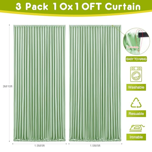 Wokceer Sage Green Backdrop Curtain for Wedding Parties 3 Pack 10x10FT Wedding Curtains Photo Backdrop Drapes Polyester for Photoshoot Baby Shower Birthday Party Background 6 Panels 5x10FT - color: Sage Green, size: (3 Pack)10FTx10FT