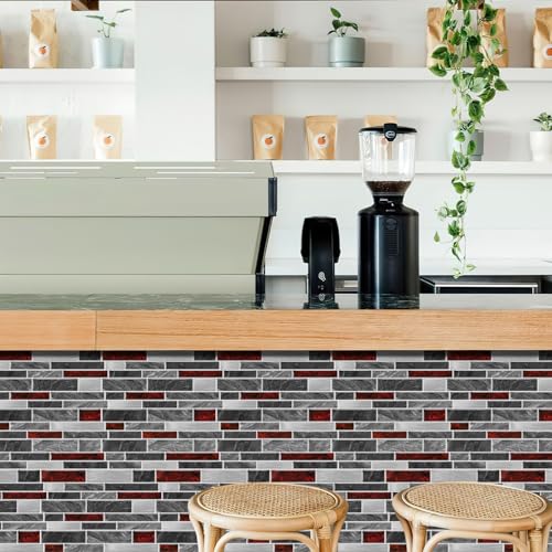 VICCI 12-Sheet Peel and Stick Tile Backsplash, Vinyl Waterproof Tiles Decals 12 x 12 inch Self Adhesive Wall Sticker for Kitchen, Bathroom & Laundry Room (Grey & Red Marble Style) - color: Spt-202, size: 12 x 12 inch (3D Textured style)