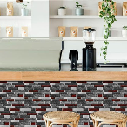 VICCI 12-Sheet Peel and Stick Tile Backsplash, Vinyl Waterproof Tiles Decals 12 x 12 inch Self Adhesive Wall Sticker for Kitchen, Bathroom & Laundry Room (Grey & Red Marble Style) - color: Spt-202, size: 12 x 12 inch (3D Textured style)