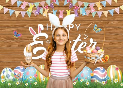 XCKALI Wood Easter Backdrop Wooden Happy Easter Day Photography Background Wooden Colorful Eggs Party Decoration 7x5FT