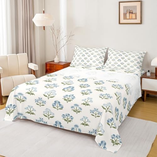Castle Fairy Cute Flowers Sheet Set Full Size,Blue Beige Floral Bedding Sets for Kids Girls Woman Teens Room Decor,Vintage Style Garden Floral Fitted + Flat Sheet,2 Pillowcases - color: Beige Blue, size: FULL (W54*L75*H16")