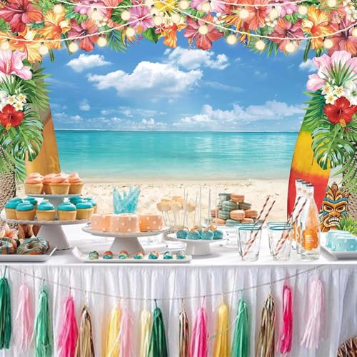 12X8FT Summer Hawaiian Luau Beach Backdrop for Photography Tropical Flower Luau Hawaiian Party Decorations Aloha Blue Sky Ocean Palm Leaves Background Supplies Photoshoot - size: 12'x8'