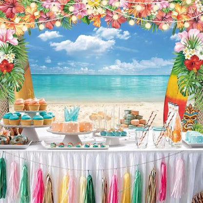 12X8FT Summer Hawaiian Luau Beach Backdrop for Photography Tropical Flower Luau Hawaiian Party Decorations Aloha Blue Sky Ocean Palm Leaves Background Supplies Photoshoot - size: 12'x8'