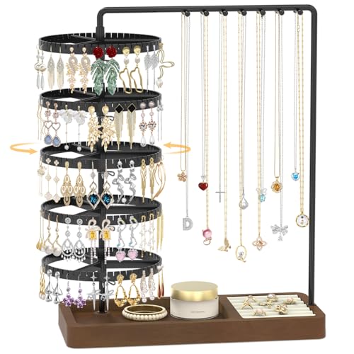 EsLuker.ly Earring Holder Organizer Necklace Display Stand, Jewelry Tree Rack Storage with Wooden Ring Tray for Women Vendors Selling, 5 Tier Plastic Rotating Earring Tower, Prevent Tangling and Mess - color: Black-Brown