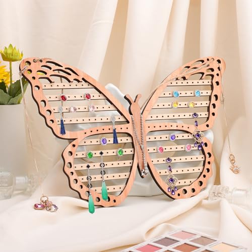 Wood Butterfly Earring Holder for Girls, Rustic Mount Hanging Earring Holder Wall Jewelry Organizer for Necklace Display Women Vendor Events,Craft Home Decor Gift,11 x 11 IN