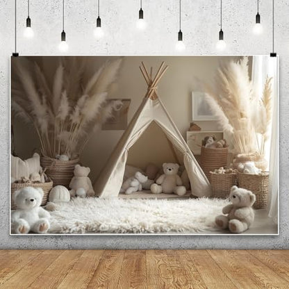 YongFoto Bear Theme Backdrop 5x3ft Tent Blanket Pampas Boho Photography Background Baby Shower Cradle Ceremony Kid Birthday Party Banner Baby Portraits Photoshoot Wallpaper Photo Studio Booth Prop - color: Style 5, size: 5ftx3ft