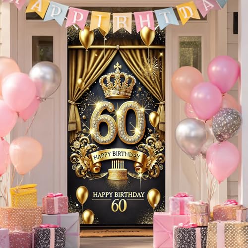 HOMETITUTE 60th Birthday Door Cover 71x35 Inch Royal Gold Birthday Banner for Party Decorations Crown Balloon Cake Backdrop Sign for Women Men Photo Booth Prop Wall Decor - color: Black and Gold Balloons