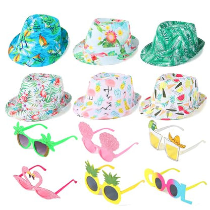 NICOWARM 6pcs Luau Fedora Hats, 6pcs Luau Party Sunglasses for Adults, with Luau Patterned includeing Flamingo, Pineapple, Photo Booth Props for Summer, Beach, Luau, Pool, Hawaiian Themed Parties