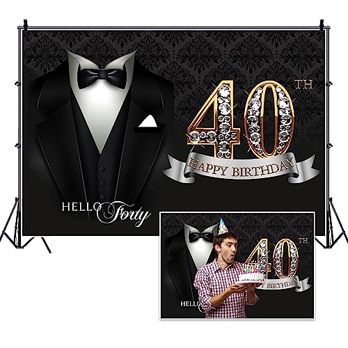 5x3ft Hello Forty Tuxedo Backdrop Gentleman Black Suit Necktie Tuxedo Black Gold 40th Happy Birthday Photography Background for Man 40th Birthday Party Decor Cake Table Banner Photo Props - color: black gold 40, size: 5x3ft