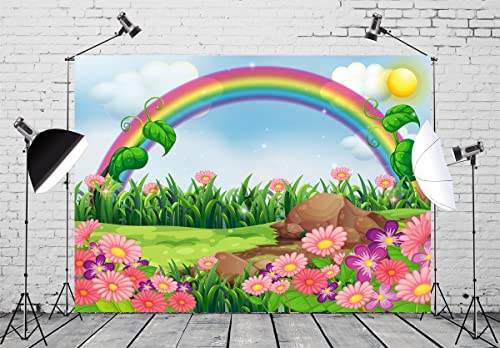 BELECO 12x8ft Fabric Cartoon Rainbow Garden Backdrop Enchanting Flowers Garden with Rainbow Meadow Springtime Background Rainbow Party Decorations Kids Birthday Baby Shower Photoshoot Photo Props - size: 12x8FT