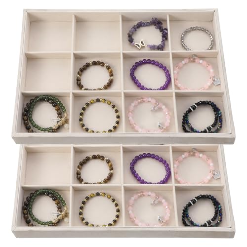 Stackable Jewelry Organizer Trays for Drawers, 2Pcs 12 Grid Velvet Jewelry Display Tray, Soft Light Jewelrys Display Case for Selling Necklace Earring Ring Watch, Beige, 13.8x9.5x1.2inch