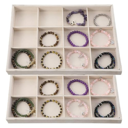 Stackable Jewelry Organizer Trays for Drawers, 2Pcs 12 Grid Velvet Jewelry Display Tray, Soft Light Jewelrys Display Case for Selling Necklace Earring Ring Watch, Beige, 13.8x9.5x1.2inch