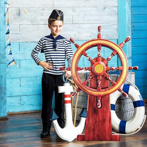 4 Feet Ship Wheel Cardboard Cutout Standup Nautical Party Decoration Large Pirate Ship Wheel Photography Prop Party Back Drops Halloween Decor - color: Brown-b