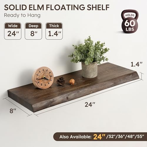 Floating Shelves Set of 2, Solid Elm Wood Wall Shelves 24 Inch - Invisible Bracket Mount for Living Room, Bedroom, Kitchen, Bathroom - Brown - color: Dark Brown, size: 24"L, 2-Pack