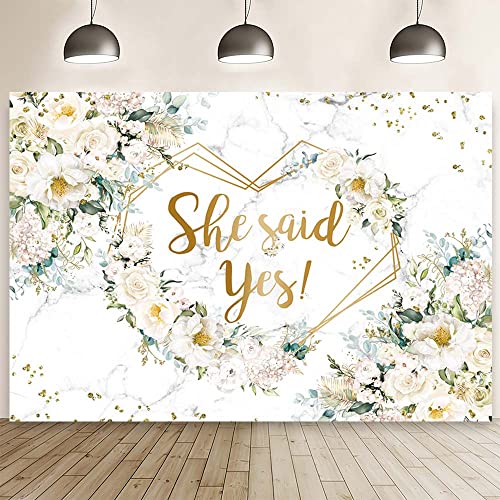 MEHOFOND 8x6ft She Siad Yes Floral Backdrop for Bridal Shower Marble White Flowers Bride to Be Photography Background Hearts Geometric Couple Wedding Party Decorations Engagement Banner Props - color: White, size: 8x6ft