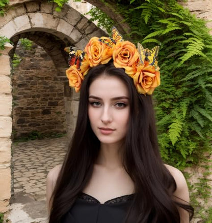 Elegant Butterfly Flower Headband for Women Boho Handmade Rose Floral Crown Wedding Bridal Festivals Cosplay Prom Photo Props Headpiece (A3 yellow, Adjustable) - color: A3 yellow