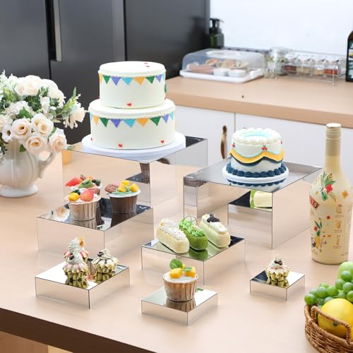 Geelin 8 Pack Acrylic Buffet Risers - 3 to 10 Inch Decorative Cube Boxes, Display Stands with Hollow Bottoms for Food Jewelry Table Display Supplies(Silver,Flat) - color: Silver, style: Flat