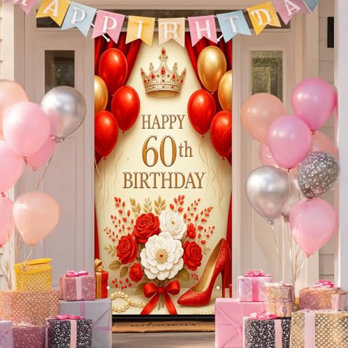 HOMETITUTE 60th Birthday Door Cover 71x35 Inch Red and Gold Birthday Banner for Women Party Decorations Elegant High Heels Flowers Crown Backdrop Sign Cake Table Props - color: Red Flower Balloons