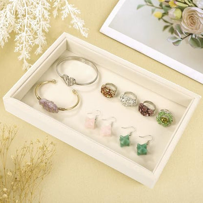2 Pcs 9" x 5.7" Velvet Jewelry Tray Jewelry Display Tray, Stackable Empty Plate Trays for Earrings Necklaces Bracelet Rings Display Showcase - Light Khaki - color: Light Khaki, size: Flat Tray 9"x5.7"