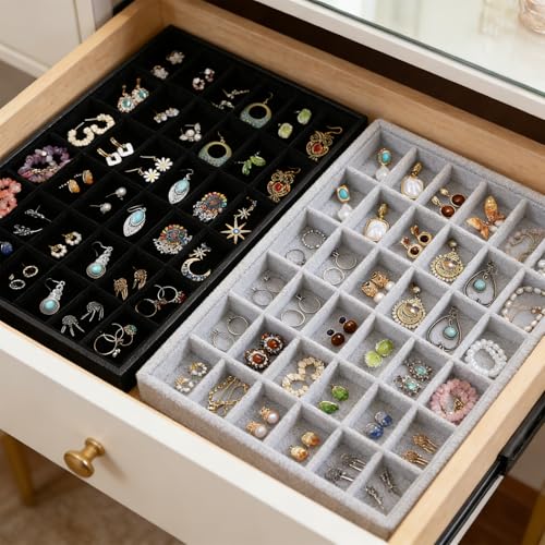 Wudygirl 36 Grid Velvet Jewelry Tray Jewelry Organizer Earring Storage Ring Holder Display Drawer Inserts with Adjustable Divider (Gray) - color: Gray 36 Grid, size: 1 Pcs