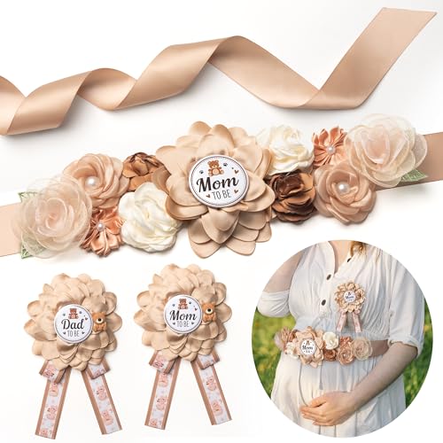 Baby Shower Sash Decorations Mom to Be Corsage Gift Dad to Be Pin 3Pack Set Flower Belt for Maternity Dress - Gender Reveal Pregnancy Photo Props - color: Khaki Bear