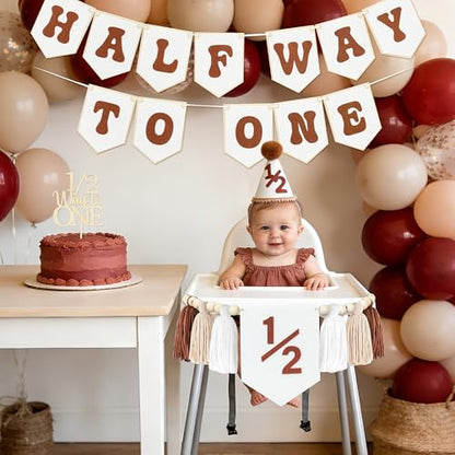 1/2 Birthday Brown Half Birthday Decorations - White Brown It's My 1/2 Birth Banner Glitter Cake Topper Tassel Wood Bead High Chair Banner & Cone, Hat Halfway to One Party Supplies - color: Brown