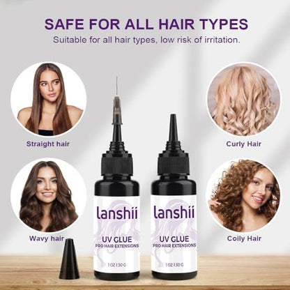 UV Lamp Hair Extension Tool Kit Invisible Hair Extensions UV Lamp 30g UV Hair Glue with 30ml Glue Remover Plastic Eyebrow Comb for UV Hair Set Eyelashes Extensions - color: Black