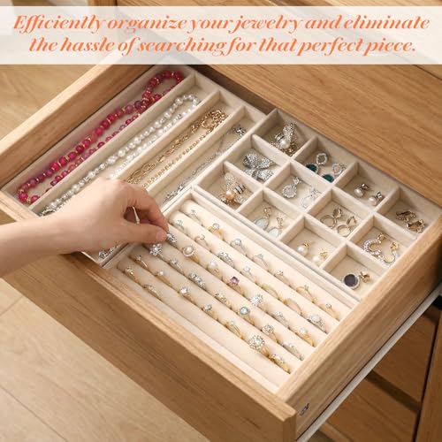 9 Pcs Stackable Jewelry Organizer Trays Velvet Jewelry Organizer for Drawer Adjustable Earring Necklace Ring Bracelet Display Storage Case, Beige