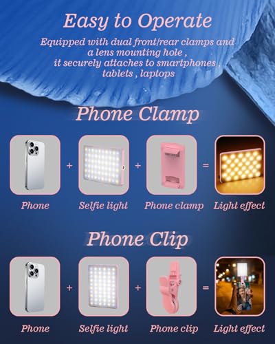 60 LED Portable Selfie Light Video Conference Lighting with Clip & Camera Tripod Adapter Rechargeable 2000mAh CRI 97+, 3 Light Modes for Phone iPhone Webcam Laptop Photo Makeup (Pastel Pink)