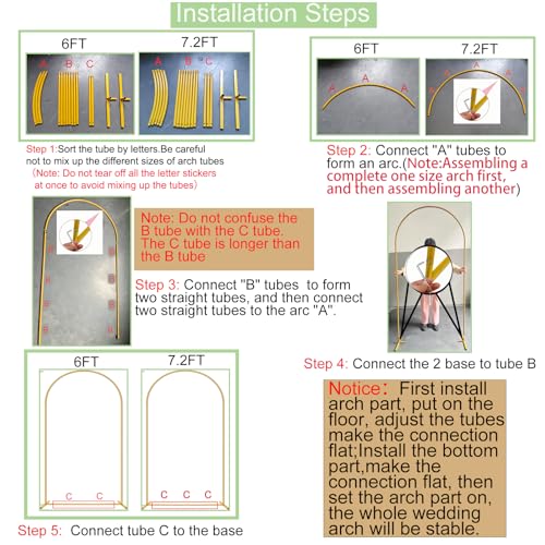 Metal Arch Backdrop Stand 7.2FT+6FT Wedding Arch Backdrop Stand Set of 2 Gold Arch Backdrop Stand for Valentines Day Party Wedding Ceremony Baby Shower Birthday Floral Balloon Decration - size: 6ft + 7.2ft Stand Set