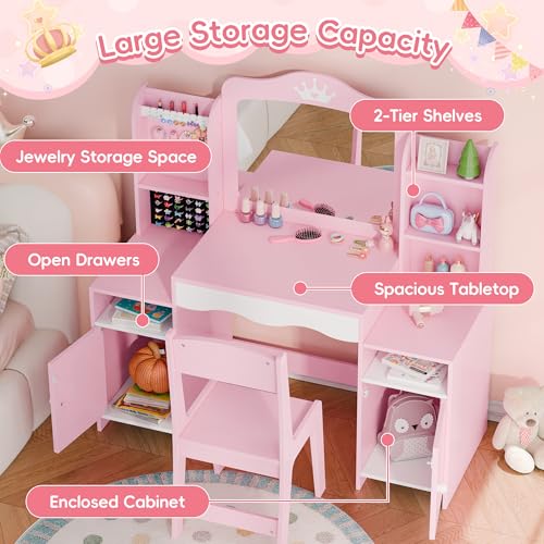 MU Kids Vanity, Girl Vanity Set with Mirror and Stool, 2 in 1 Toddler Makeup Vanity Table with Jewelry Storage, Wooden Princess Makeup Desk Dressing Table for Little Girls, (Pink) - color: Pink