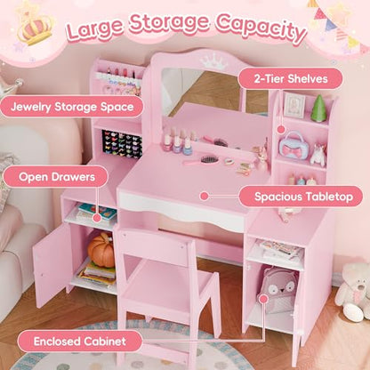 MU Kids Vanity, Girl Vanity Set with Mirror and Stool, 2 in 1 Toddler Makeup Vanity Table with Jewelry Storage, Wooden Princess Makeup Desk Dressing Table for Little Girls, (Pink) - color: Pink
