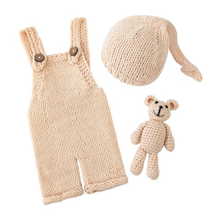 Newborn Photoshoot Outfits Crochet Bear Hat & Romper Set for Baby Boys Girls - Handmade Photo Props Outfits - color: Creamy