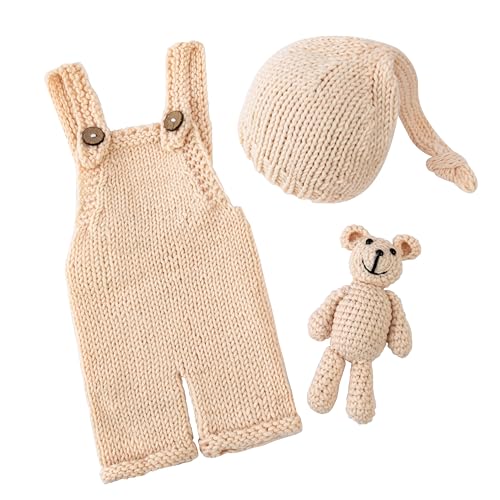 Newborn Photoshoot Outfits Crochet Bear Hat & Romper Set for Baby Boys Girls - Handmade Photo Props Outfits - color: Creamy
