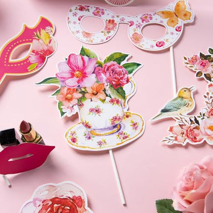 SUNBEAUTY 36 Pcs Tea Party Photo Booth Props - Pink, White, Green - Floral Pattern - Paper Material - Perfect for Parties - color: Tea Party