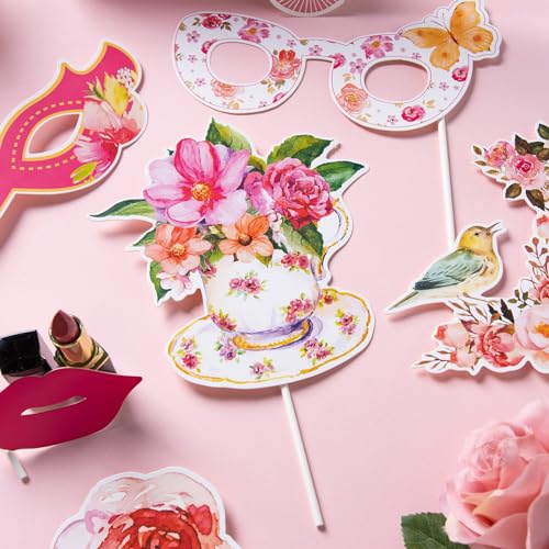 SUNBEAUTY 36 Pcs Tea Party Photo Booth Props - Pink, White, Green - Floral Pattern - Paper Material - Perfect for Parties - color: Tea Party