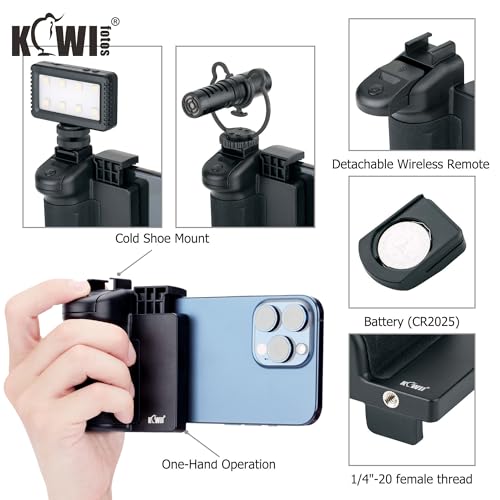 KIWIFOTOS Phone Camera Grip Handle Holder Phone Tripod Mount with Remote Shutter & Cold Shoe Adapter for iPhone 17 16 15 14 Pro Max Samsung Smartphone Selfie Vlog Video Shooting - color: Phone Camera Grip