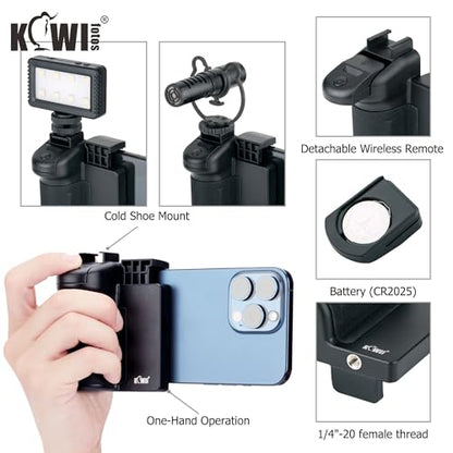 KIWIFOTOS Phone Camera Grip Handle Holder Phone Tripod Mount with Remote Shutter & Cold Shoe Adapter for iPhone 17 16 15 14 Pro Max Samsung Smartphone Selfie Vlog Video Shooting - color: Phone Camera Grip