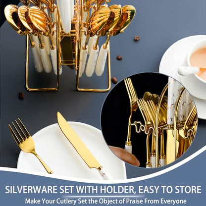 24 Pieces Flatware Set, Stainless Steel Cutlery Set with Silverware Holder, Modern Gold Silverware Set Includes Dinner Knives Forks Spoons,Hanging Silverware Set Service for 6 (White Gold) - color: White Gold