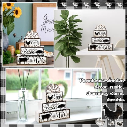 Jetec 4 Pcs Farmhouse Kitchen Decor Wooden Tiered Tray Decor Cow Rooster Pig Rustic Bathroom Signs Decorative Faux Stacked Table Centerpiece Block Sign for Home Living Kitchen Dining Room Shelf - style: Cow Rooster Pig
